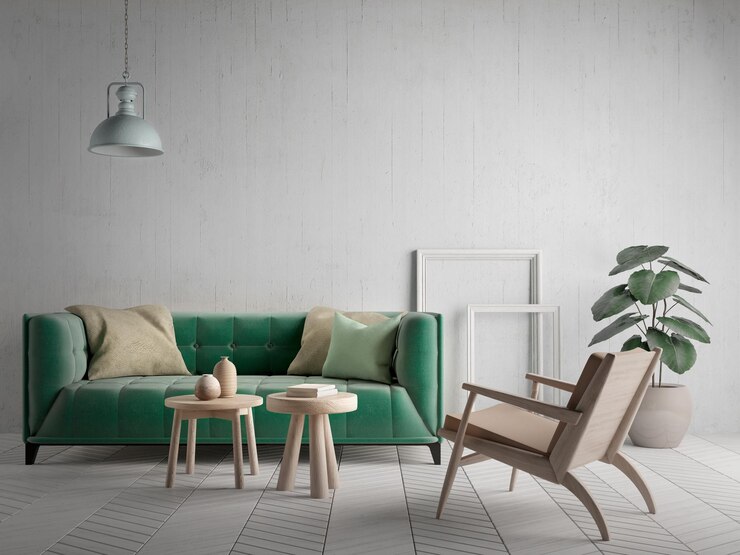 Sofá verde en el salón Estilo clásico moderno con planta de lámpara de sillón y fondo de pared wihte