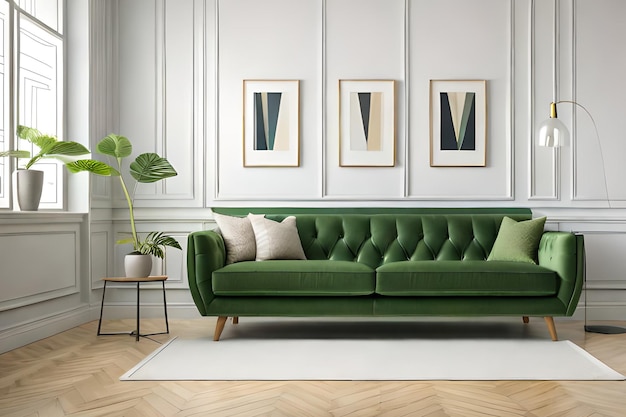 Un sofá verde en un salón con una planta en la pared.