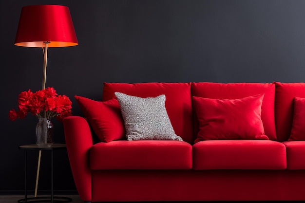 Foto sofa vermelha com almofada e lâmpada de luz