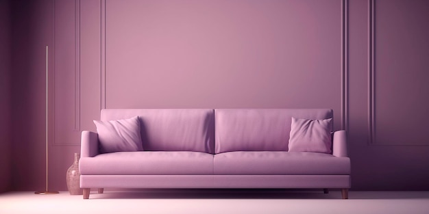 Sofá violeta suave em ilustração 3D de fundo de cor sólida Detalhes interiores minimalistas modernos