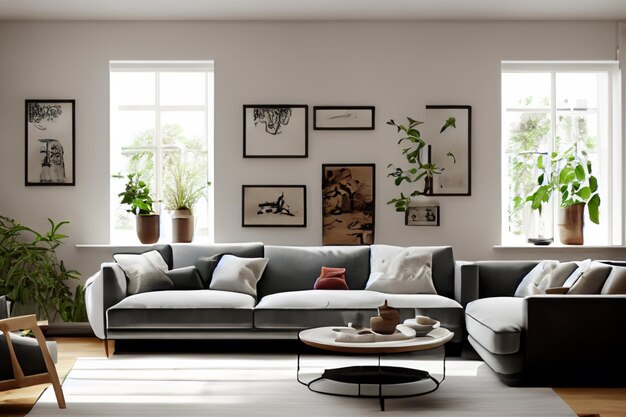 Foto sofá con vista frontal en la sala de estar en el diseño de la casa escandinava en la vista matutina jpg