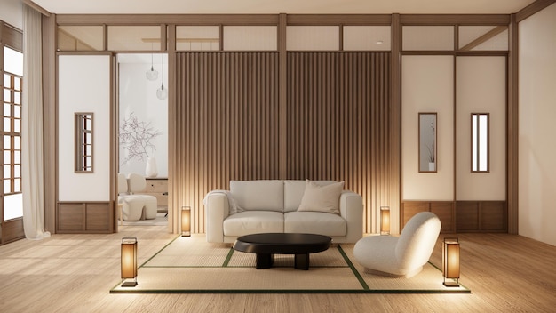 Sofamöbel und modernes Raumdesign mit minimaler 3D-Darstellung