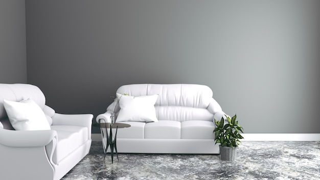 Sofas die Wand mit Tisch und Vase - modernes Zimmer. 3D-Rendering