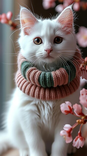 Sofisticación felina Un gato con una bufanda a rayas generada por la IA