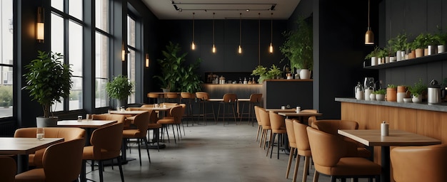 Foto sofisticación urbana un café contemporáneo con líneas elegantes y vegetación diseño interior realista w