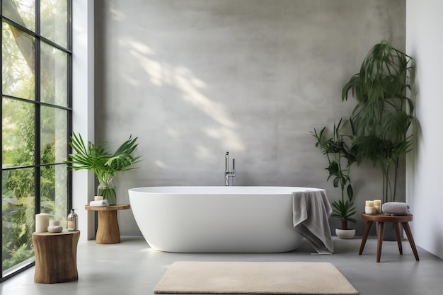 Sofisticado baño de lujo con paredes de mármol blanco inmaculado y bañera Generative Ai