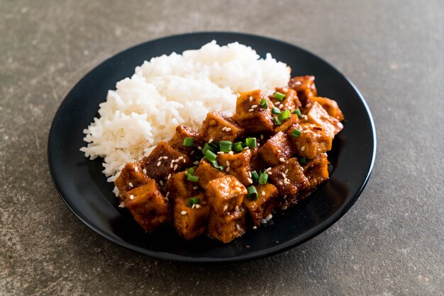 sofrito de tofu con salsa picante sobre arroz