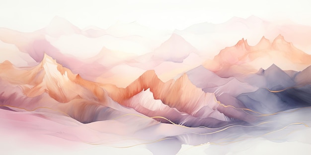 Soft color pastel acuarela abstracta pintura con pincel arte de hermosas montañas pico de montaña minimalismo paisaje con líneas doradas panorama estandarte ilustración fondo blanco