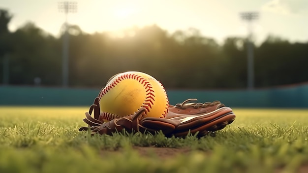 Softbol de lanzamiento rápido en un guante que descansa sobre el césped del campo con el guante abierto