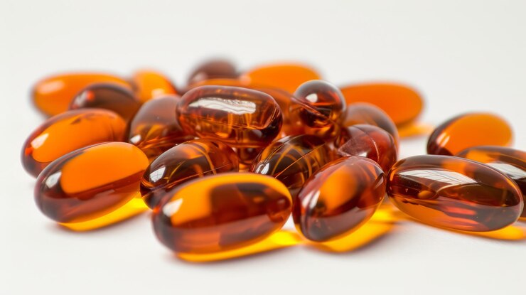 Foto softgels laranjas em fundo branco