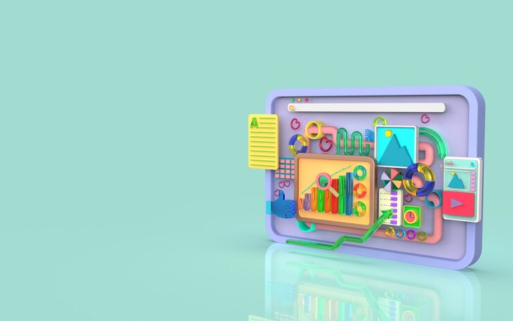 Foto software de aplicaciones móviles y desarrollo web con representación infográfica de gráficos de barras de formas 3d