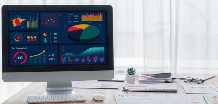 Foto el software bi power visualiza la pantalla del tablero de datos de la empresa en la computadora portátil examinar