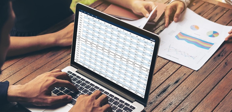 Foto software de contabilidad en la pantalla de la computadora que muestra los estados financieros cómodamente