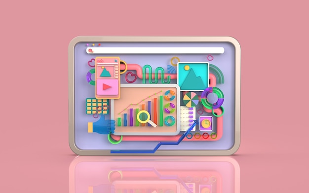 Foto software de aplicativos móveis e desenvolvimento web com renderização de infográfico de gráfico de barras de formas 3d