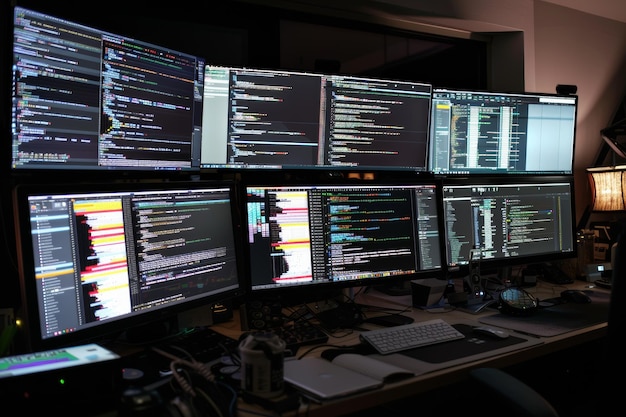 Foto software de depuração de codificador em várias telas em sala escura destacada pela luz da tela
