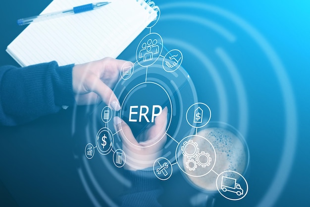 Software de sistema empresarial Erp para planejamento de negócios e gerenciamento de projetos para a melhor solução em desenvolvimento de estratégia de produção e conceito de marketing