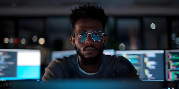 Software developer in modern workspace with tech gadgets coding Concept Tech Workspace Software Development Coding Tech Gadgets Modern Office