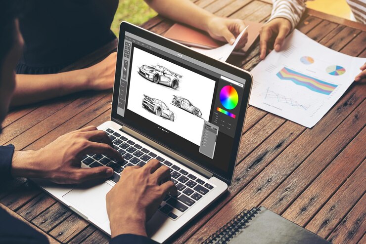 Foto el software de diseño de automóviles eléctricos en la pantalla de la computadora muestra el plan de simulación cómodamente