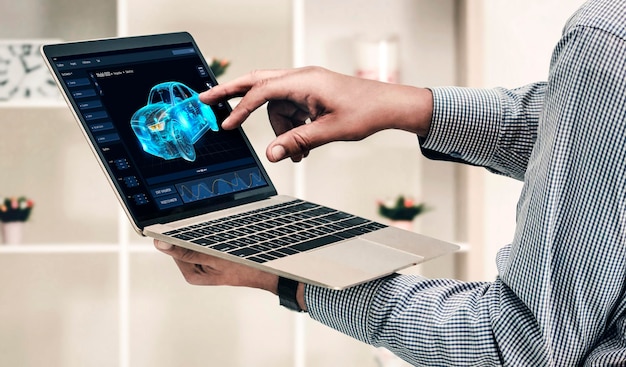 El software de diseño de automóviles eléctricos en la pantalla de la computadora muestra el plan de simulación cómodamente