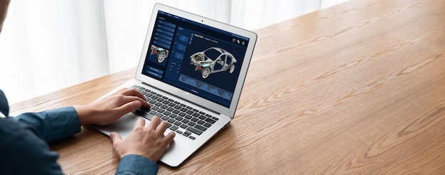 El software de diseño de automóviles eléctricos en la pantalla de la computadora muestra el plan de simulación cómodamente