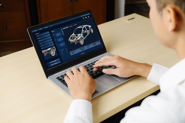 El software de diseño de automóviles eléctricos en la pantalla de la computadora muestra el plan de simulación cómodamente