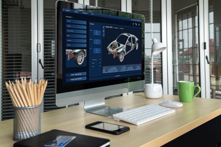 Foto el software de diseño de automóviles eléctricos en la pantalla de la computadora muestra el plan de simulación cómodamente