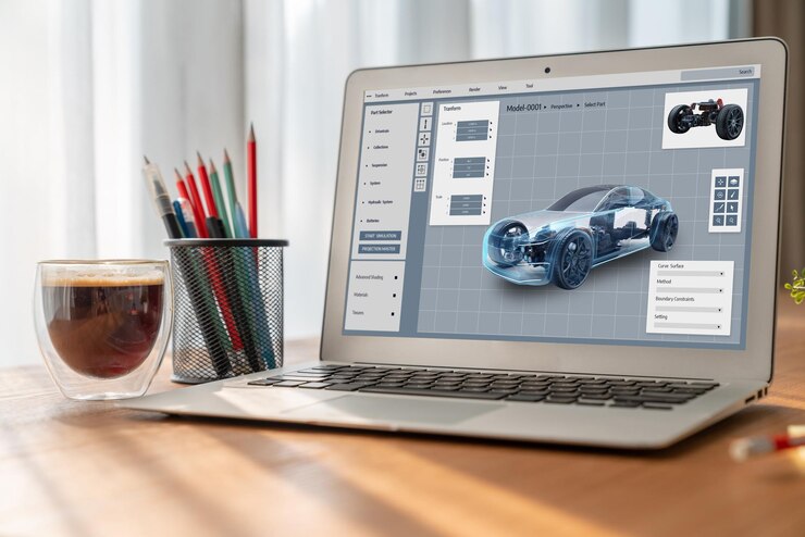 Foto el software de diseño de automóviles eléctricos en la pantalla de la computadora muestra el plan de simulación cómodamente