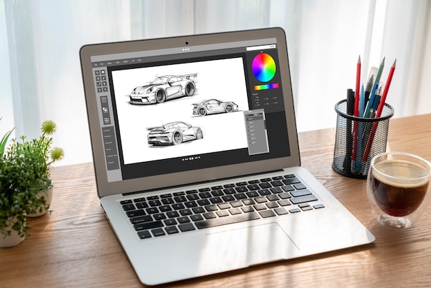 El software de diseño de automóviles eléctricos en la pantalla de la computadora muestra el plan de simulación cómodamente