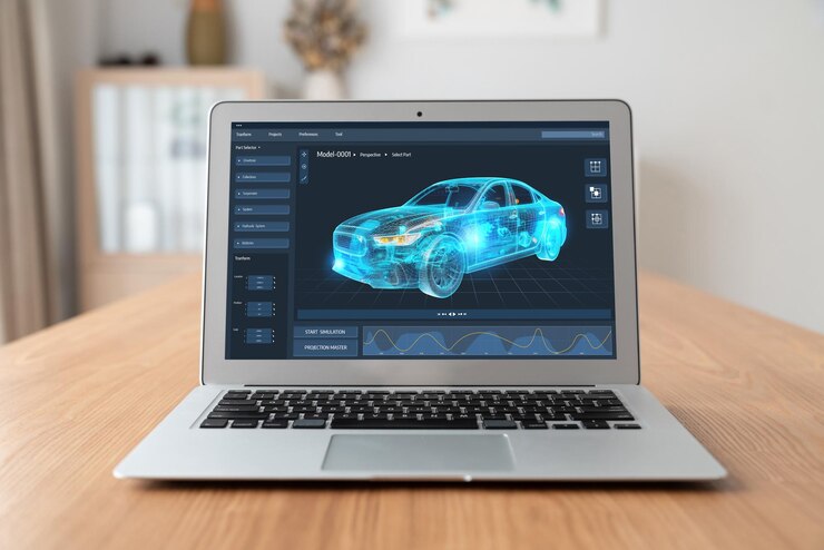 Foto el software de diseño de automóviles eléctricos en la pantalla de la computadora muestra el plan de simulación cómodamente
