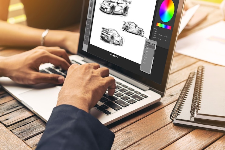 Foto el software de diseño de automóviles eléctricos en la pantalla de la computadora muestra el plan de simulación cómodamente