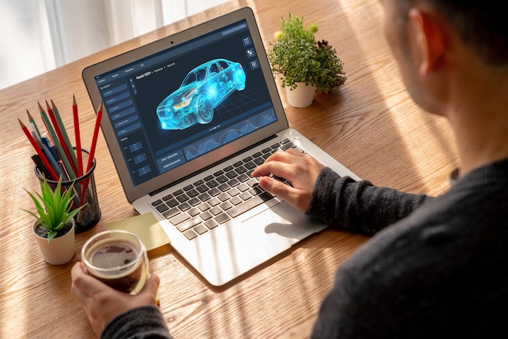 Foto el software de diseño de automóviles eléctricos en la pantalla de la computadora muestra el plan de simulación cómodamente