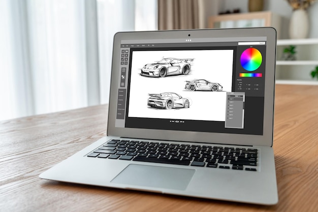 El software de diseño de automóviles eléctricos en la pantalla de la computadora muestra el plan de simulación cómodamente