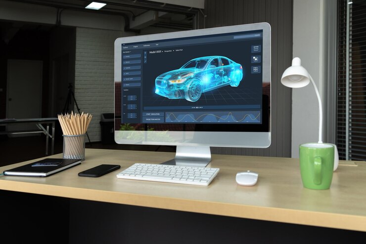Foto el software de diseño de automóviles eléctricos en la pantalla de la computadora muestra el plan de simulación cómodamente