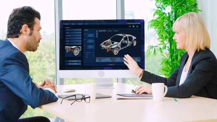 Foto el software de diseño de automóviles eléctricos en la pantalla de la computadora muestra el plan de simulación cómodamente