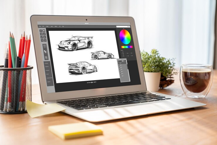 Foto el software de diseño de automóviles eléctricos en la pantalla de la computadora muestra el plan de simulación cómodamente