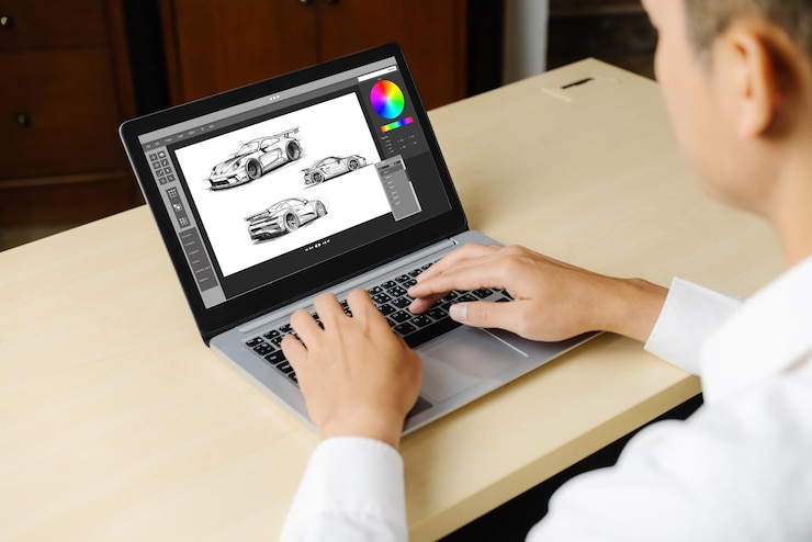 Foto el software de diseño de automóviles eléctricos en la pantalla de la computadora muestra el plan de simulación cómodamente