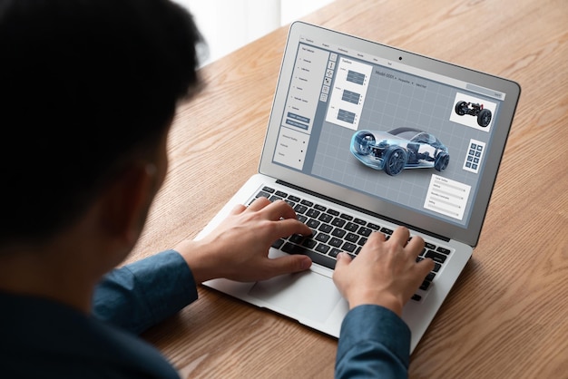 El software de diseño de automóviles eléctricos en la pantalla de la computadora muestra el plan de simulación cómodamente