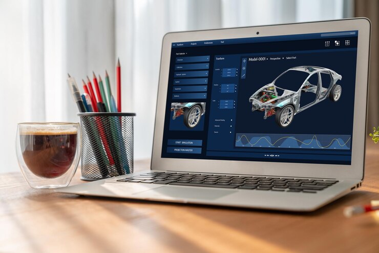 Foto el software de diseño de automóviles eléctricos en la pantalla de la computadora muestra el plan de simulación cómodamente