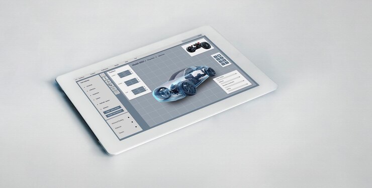Foto el software de diseño de automóviles eléctricos en la pantalla de la computadora muestra el plan de simulación cómodamente