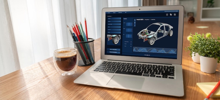 Foto el software de diseño de automóviles eléctricos en la pantalla de la computadora muestra el plan de simulación cómodamente