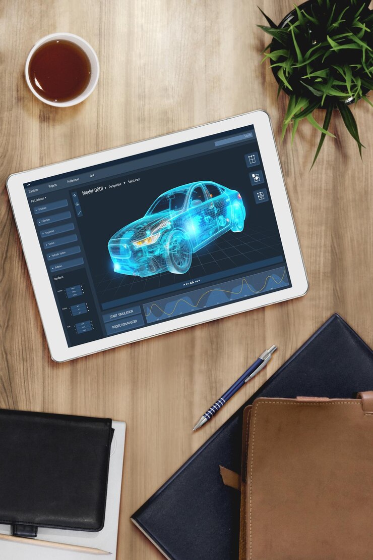 Foto el software de diseño de automóviles eléctricos en la pantalla de la computadora muestra el plan de simulación cómodamente