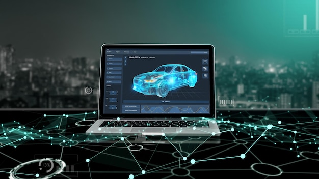 El software de diseño de automóviles eléctricos en la pantalla de la computadora muestra el plan de simulación cómodamente