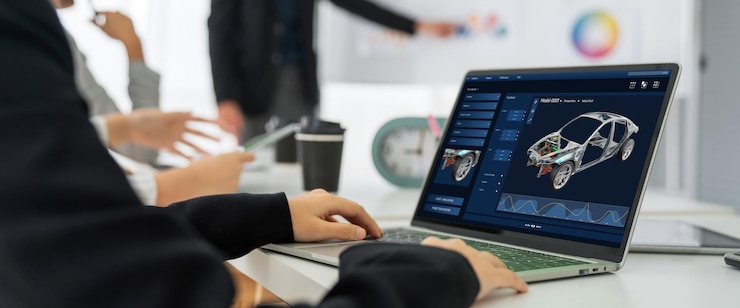 Foto el software de diseño de automóviles eléctricos en la pantalla de la computadora muestra el plan de simulación cómodamente