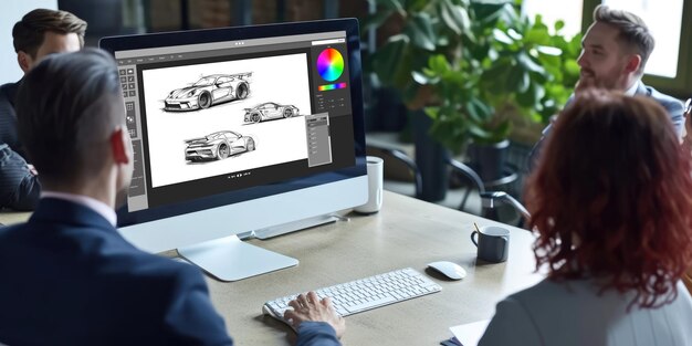 El software de diseño de automóviles eléctricos en la pantalla de la computadora muestra el plan de simulación enérgico
