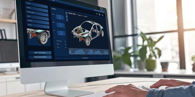 Foto el software de diseño de automóviles eléctricos en la pantalla de la computadora muestra el plan de simulación enérgico