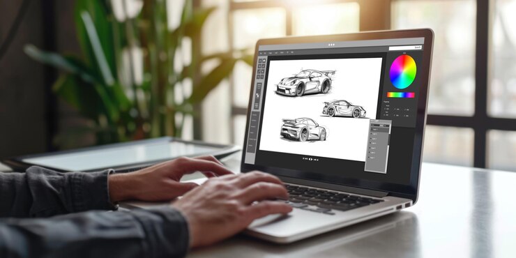 Foto el software de diseño de automóviles eléctricos en la pantalla de la computadora muestra el plan de simulación enérgico