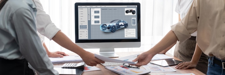 Foto el software de diseño de automóviles eléctricos en la pantalla de la computadora muestra el plan de simulación enérgico
