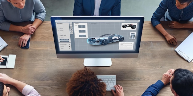 El software de diseño de automóviles eléctricos en la pantalla de la computadora muestra el plan de simulación enérgico