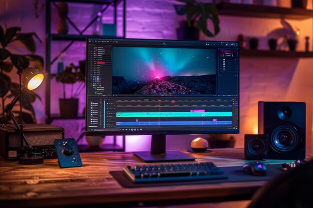 Software de edición de video mostrado en un monitor amplio para proyectos creativos