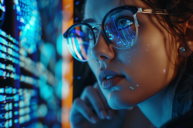 Software futurista y hardware codificación holograma serio concentrado mujer atractiva pensamiento